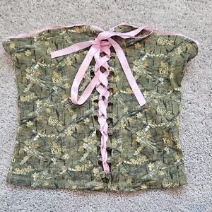 Limited Edition Forever 21 X Bratz Camo and Pink Ribbon Bow Lace Crop Top